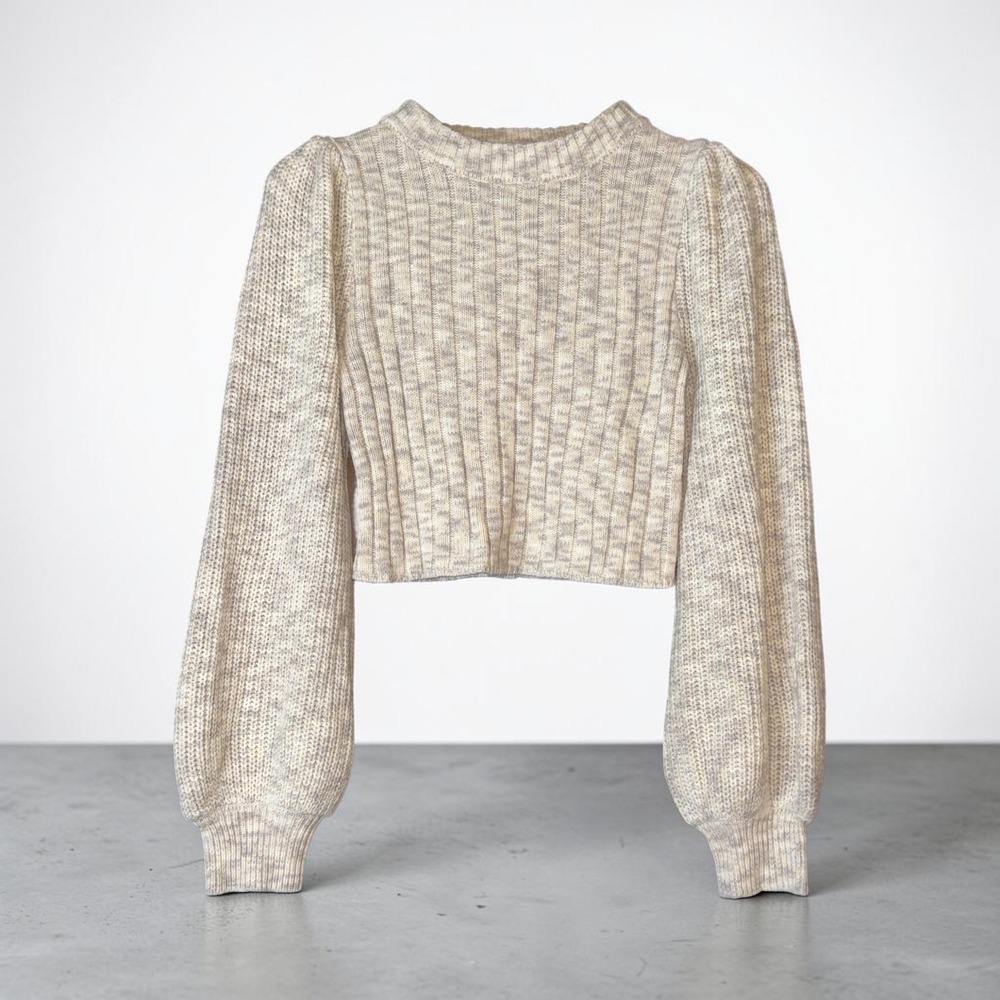 Altar'd State Womens Cropped Ribbed Sweater‎ Puff Balloon Sleeve Cream Grey S